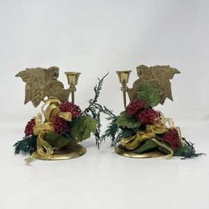 VTG Brass Angel Pair Christmas Candlesticks Winged Gold Red Green Floral‎ 90s